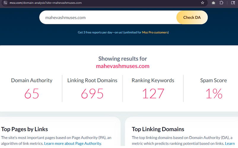 Mahevash Muses Domain Authority verified by Moz.com